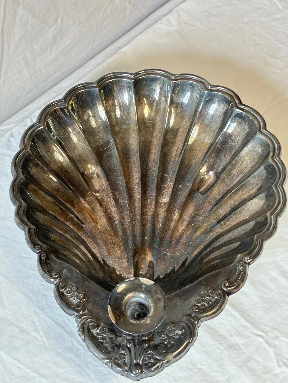 Vintage Silver Shell Shaped Candle Holder with Ornate Detailing 12 inch